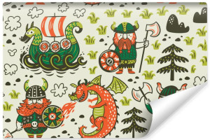 Fototapeta dla Chłopców 2D Smok Vintage Wiking i Statek 315cm x 210cm