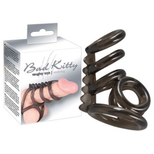 Bad Kitty  Cock Ring 3 Pierścień uciskowy z opaską na jądra, Czarny TPE