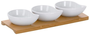 Zestaw Kela Philipa 3 porcelanowych okrągłych miseczek na bambusowej podkła