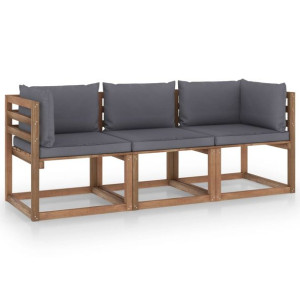 Ogrodowa sofa 3-os. z palet, z antracytowymi poduszkami, sosna