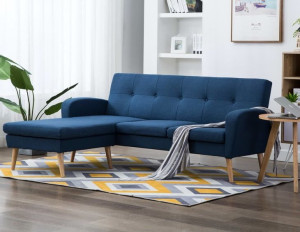 Niebieski narożnik do salonu, sofa na nóżkach scandi