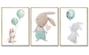 Zestaw 3 Plakaty Plakat A4 Królik Króliczek Balon Miętowy