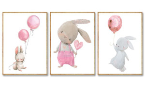 Zestaw 3 Plakaty Plakat A4 Królik Króliczek Balon Różowy
