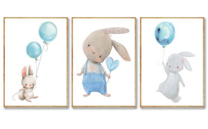 Zestaw 3 Plakaty Plakat A4 Królik Króliczek Balon Niebieski