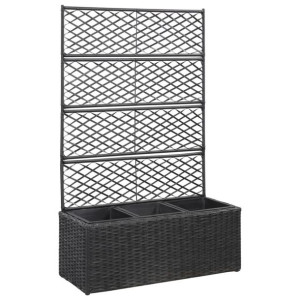 VidaXL Donica z kratką i 3 wkładami, 83x30x130 cm, polirattan, czarna