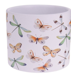 Doniczka ceramiczna biała ze zdobieniem Motyle i Ważki 12x10cm