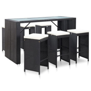 VidaXL 7-cz. zestaw barowy do ogrodu z poduszkami, rattan PE, czarny