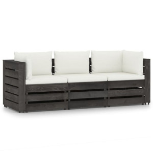 Ogrodowa sofa 3-os z poduszkami, impregnowane na szaro drewno