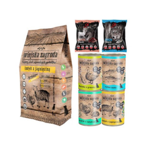Wiejska Zagroda Indyk z Jagnięciną 9kg, Wiejska Zagroda MIX 4x 400g Puszka,