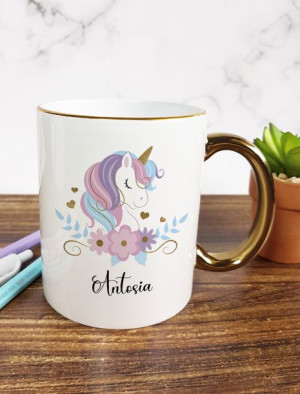 Kubek z jednorożcem personalizowany DLA DZIECKA Kubek ze złotym rantem