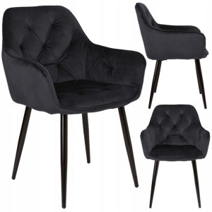 Krzesło Tapicerowane Welurowe Czarne Metalowe Nogi Loftowe