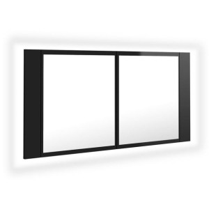 Szafka łazienkowa z lustrem i LED, połysk, czarna, 90x12x45 cm