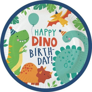 Talerzyki Papierowe Białe Urodziny Dinozaury 23 Cm