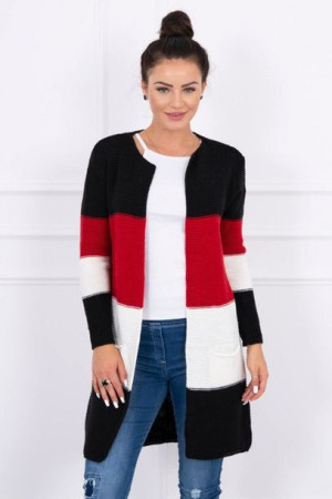 Sweter Damski Kardigan Narzutka W Pasy Czarny+czerwony