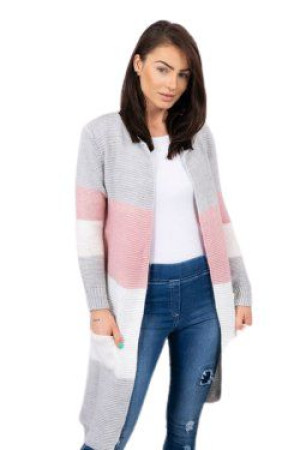 Sweter Damski Kardigan Narzutka W Pasy Szary+pudrowy Róż