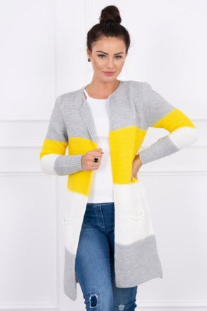 Sweter Damski Kardigan Narzutka W Pasy Szary+żółty