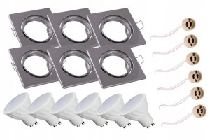 6x Zestaw oprawa kwadratowa chromowa  + GU10 8W zimna + gniazdo przyłączeni