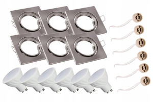 6x Zestaw oprawa kwadratowa satynowa + GU10 8W neutralna + gniazdo przyłącz