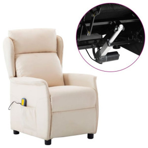 Rozkładany fotel masujący, elektryczny, kremowy, obity tkaniną