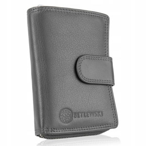 BETLEWSKI Skórzany portfel damski mały RFID suwak