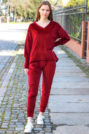 Welurowy dres damski bordowy, bluza oversize - LONA