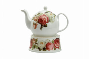 Dzbanek porcelanowy z podgrzewaczem ozdobiony kolorowymi różami Bone China