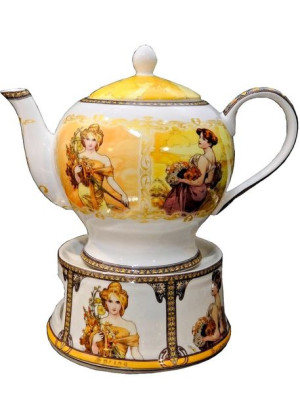 Dzbanek porcelanowy z podgrzewaczem styl secesja cztery pory roku na prezen