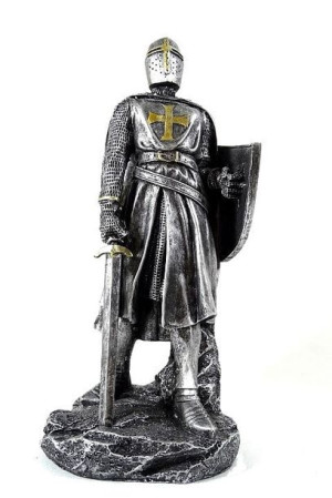 Rycerz w zbroi Templariusz krzyżowiec z mieczem i tarczą grawer