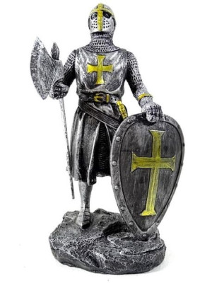 Rycerz w zbroi Templariusz krzyżowiec z toporem i tarczą grawer