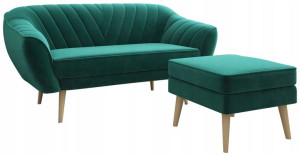 Sofa 3-osobowa w zestawie z pufą-podnóżkiem, butelkowa zieleń