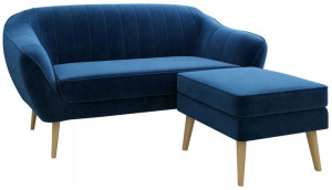 Sofa trzyosobowa na wysokich nóżkach + podnóżek, granatowa