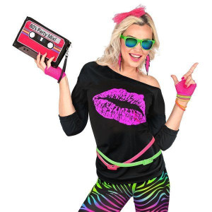 Koszulka Czarna Usta Nadruk Róż Lata 80 Disco - S/m