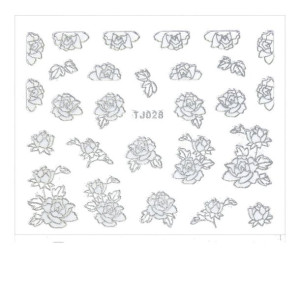 Naklejki 3D - Kwiatki TJ028 BIAŁE z srebrna obwódką - arkusz
