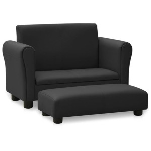 Sofa dla dziecka, z podnóżkiem, czarna, obita sztuczną skórą