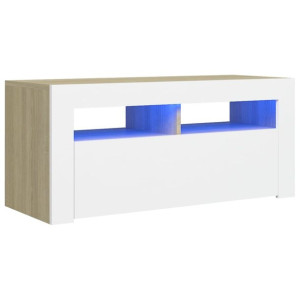 Szafka TV z oświetleniem LED, biel i dąb sonoma, 90x35x40 cm