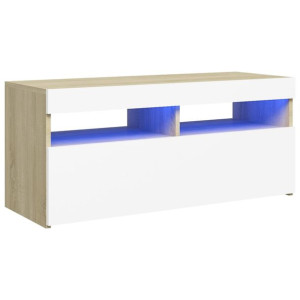 Szafka TV z oświetleniem LED, biel i dąb sonoma, 90x35x40 cm