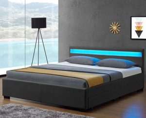 Łóżko Tapicerowane Led 160x200 Szare Skórzane