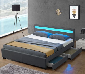 Łóżko Tapicerowane Led 160x200 Szare Szuflady