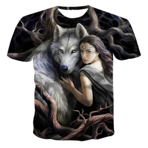Koszulka męska t-shirt graficzny 3D kobieta i wilk M CZARNY