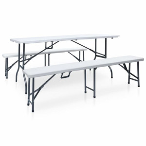Składany stół ogrodowy z 2 ławkami, 180 cm, stal i HDPE, biały