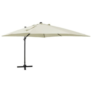 Parasol wiszący z lampkami LED i słupkiem, piaskowy, 300 cm