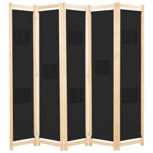 Parawan 5-panelowy, czarny, 200 x 170 x 4 cm, tkanina