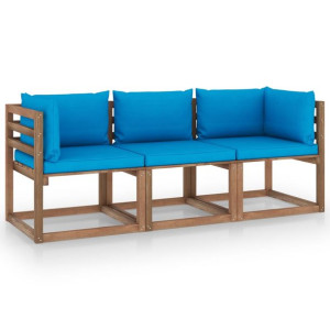 Ogrodowa sofa 3-os. z palet, jasnoniebieskie poduszki, sosna
