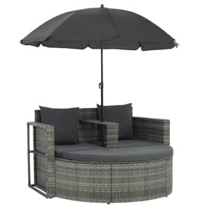 2-osobowa sofa z poduszkami i parasolem, polirattan, szara