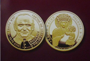 Moneta złota Papiez JP2 Rocznica I Piegrzymki do Polski Au 900 8g