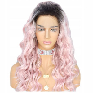 PERUKA długie włosy kręcone LACE FRONT różowa
