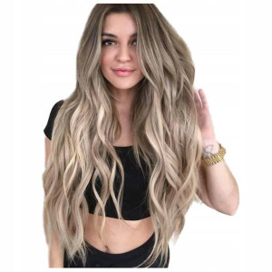 PERUKA blond brąz ombre DŁUGIE WŁOSY fale 60 cm