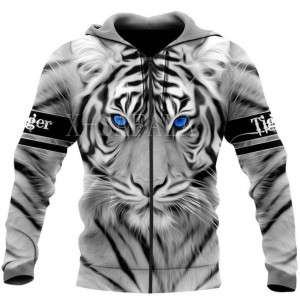 Bluza męska z kapturem na zamek z nadrukiem 3D tygrys XXXL BIAŁY