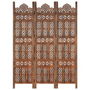 Parawan 3-panelowy, rzeźbiony, brązowy 120x165 cm, drewno mango