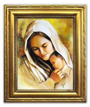 Obraz Matki Boskiej z Dzieciątkiem 27x32cm obraz ręcznie malowany na płótni